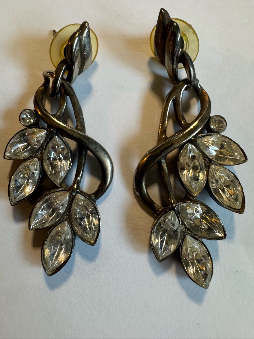 Vintage Silver Tone Clear Marquise Rhinestone Leaf Vine Dangle Drop Earrings